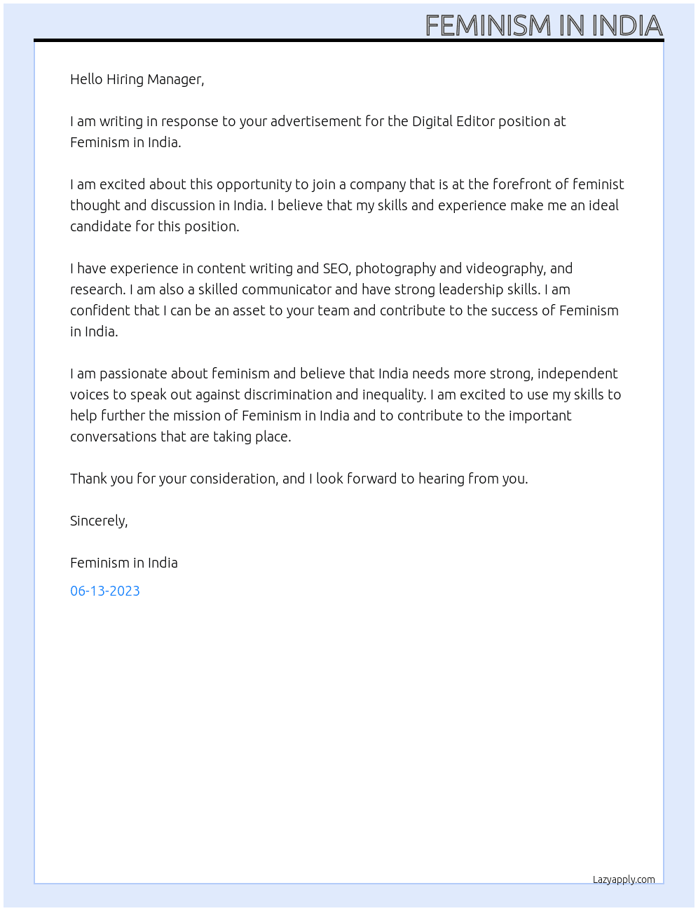 Digital Editor At Feminism in India Cover Letter
