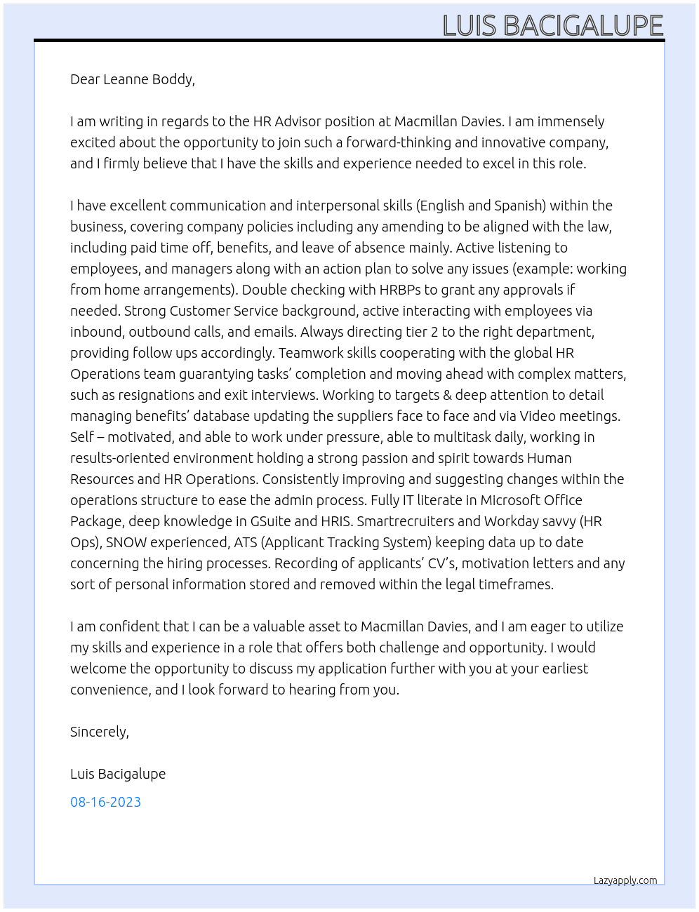 HR Advisor At Macmillan Davies Cover Letter
