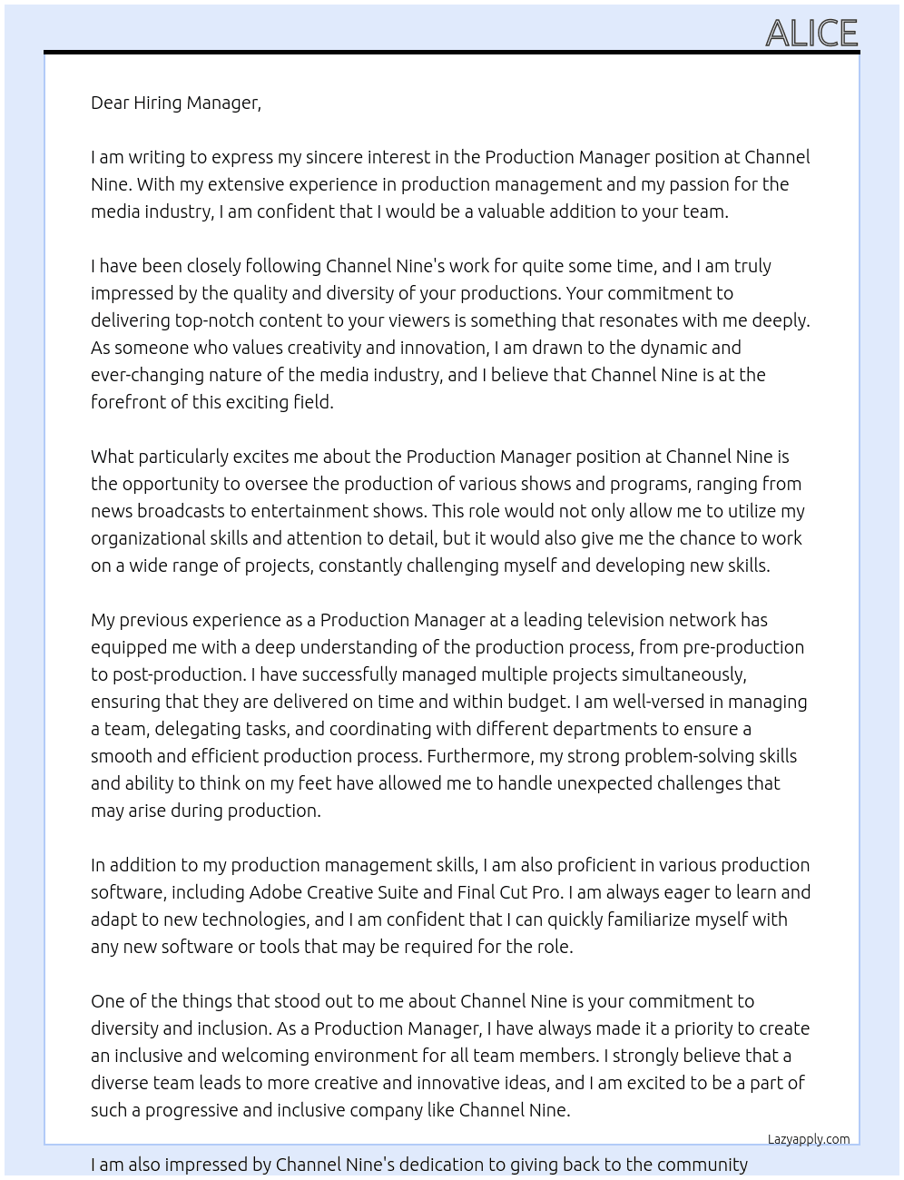 Production Manager At Channel Nine Cover Letter