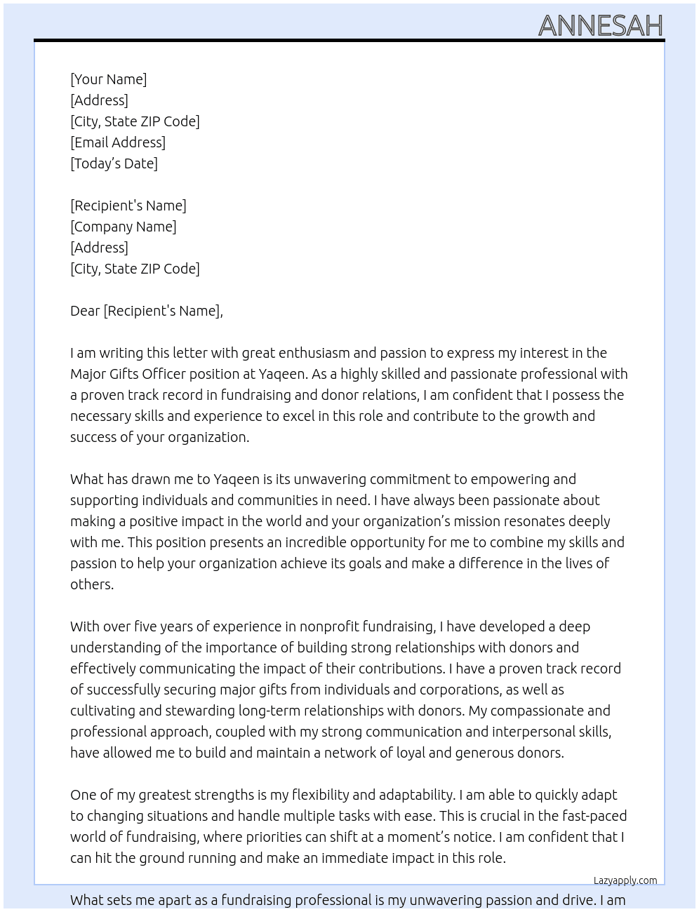 Major Gifts Officer At Yaqeen Cover Letter