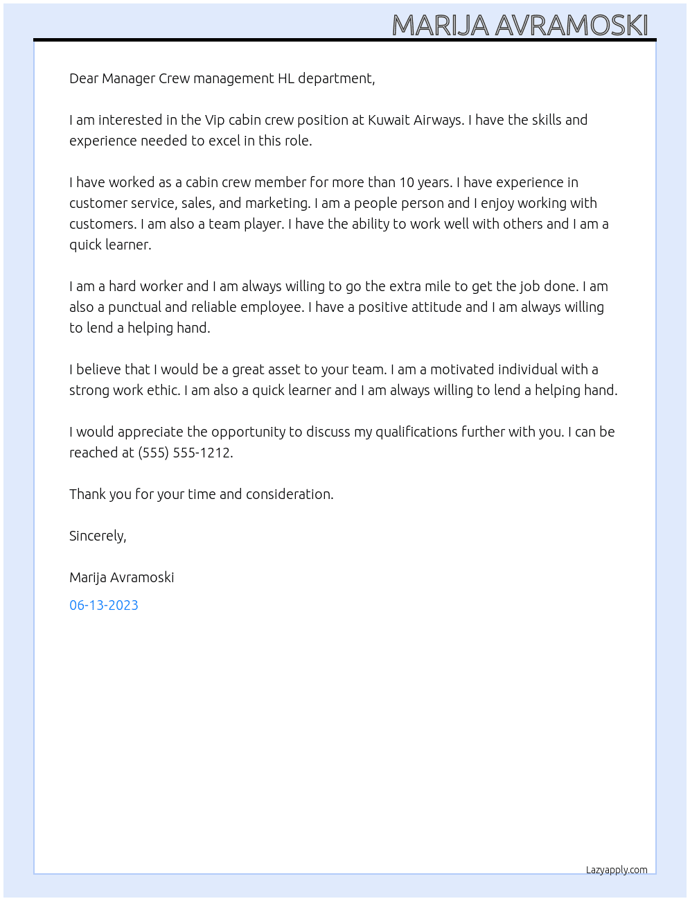 Vip cabin crew  At Kuwait Airways  Cover Letter