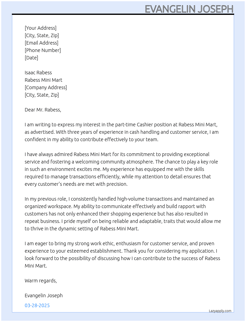 Cashier  At Rabess Mini Mart Cover Letter