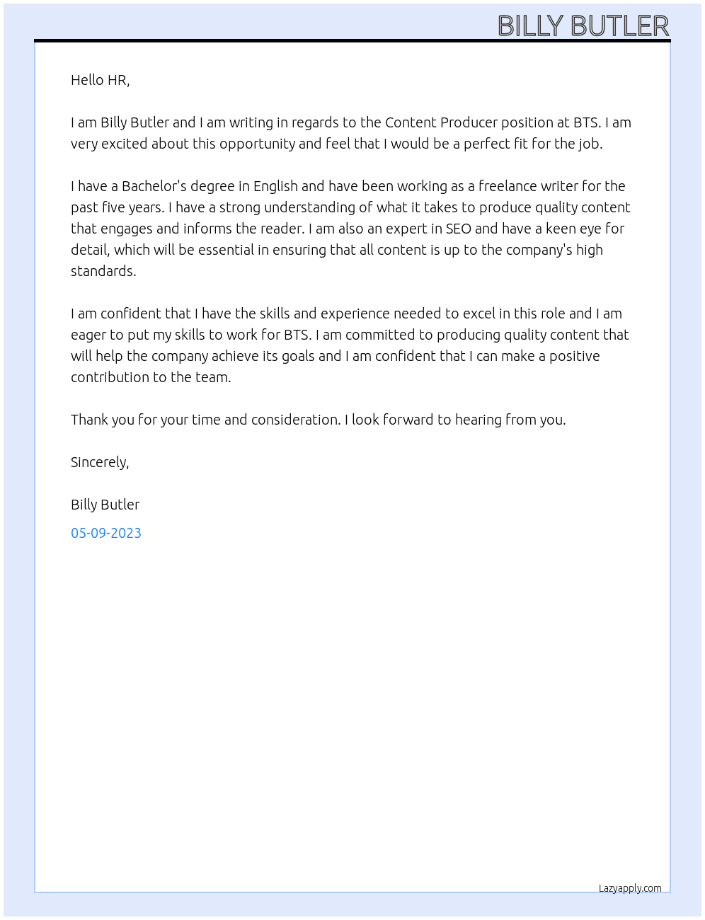 Content Producer At BTS Cover Letter