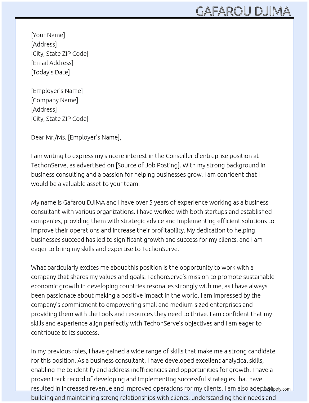 Conseiller d'entreprise  At TechonServe Cover Letter