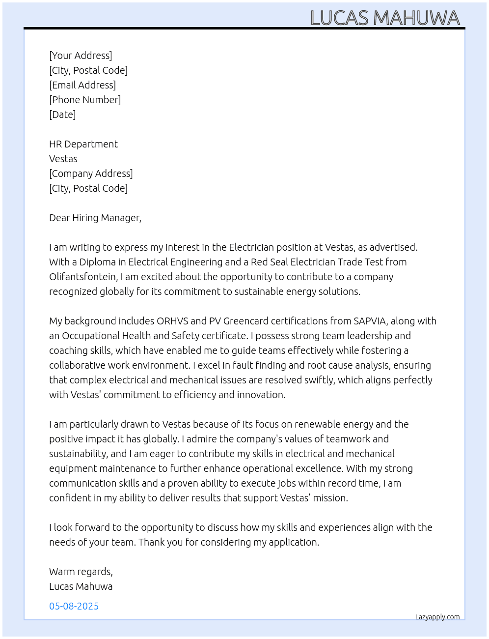 Electrician At Vestas Cover Letter