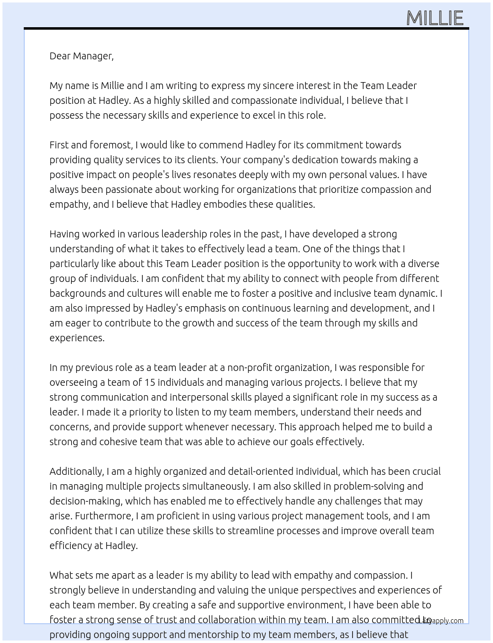 Team leader  At Hadley  Cover Letter