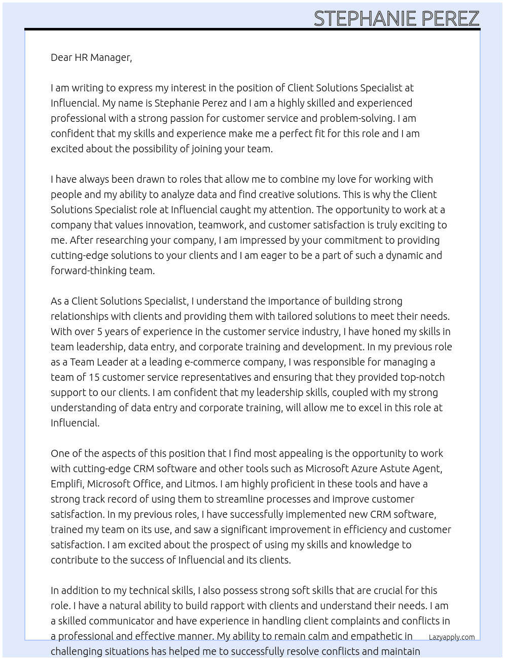 Client Solutions Specialist At Influencial Cover Letter