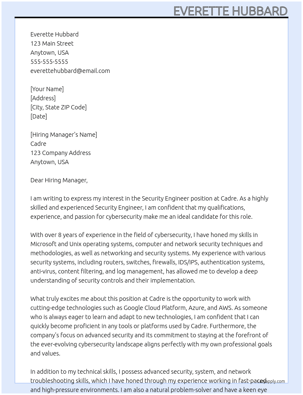 Security Engineer At Cadre Cover Letter