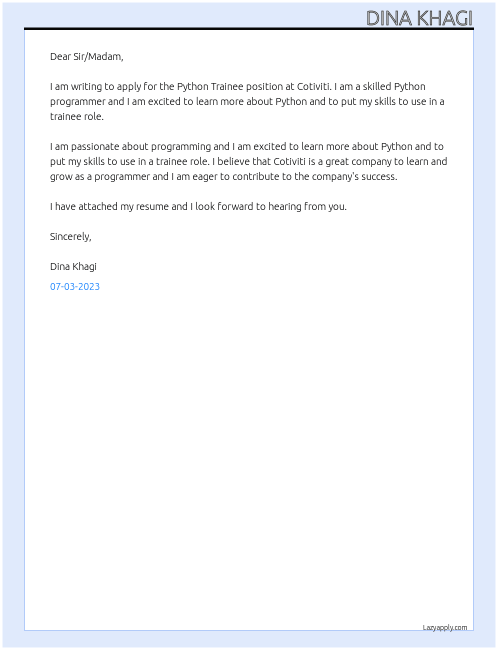 Python Trainee At Cotiviti Cover Letter