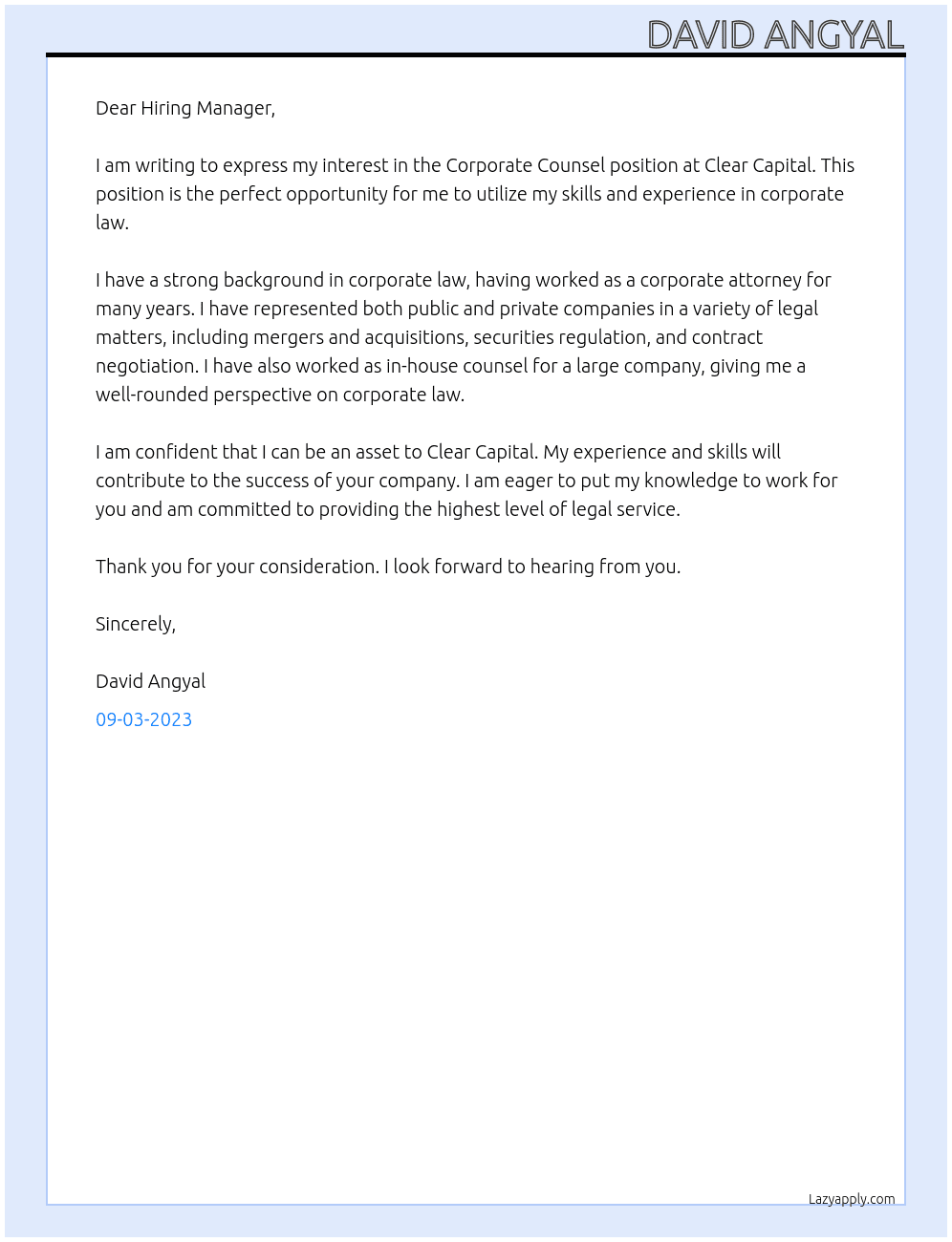 Corporate COunsel At Clear Capital Cover Letter