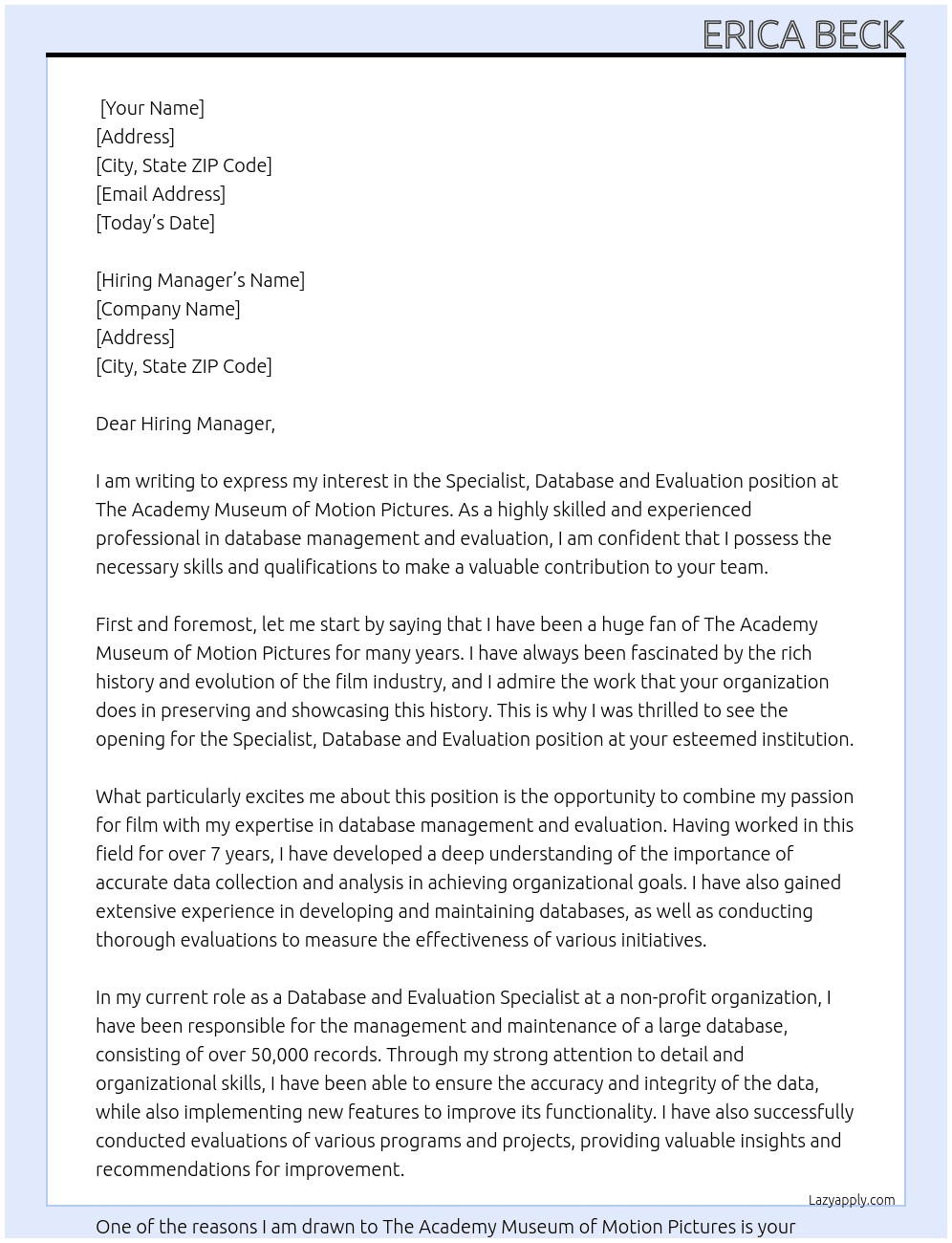 Specialist, Database and Evaluation At The Academy Museum of Motion Pictures Cover Letter