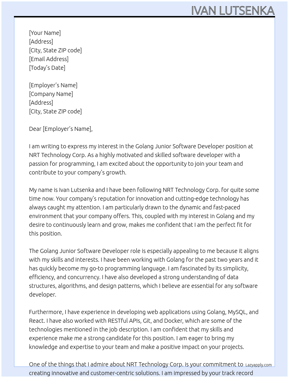 golang junior software developer At NRT Technology Corp. Cover Letter
