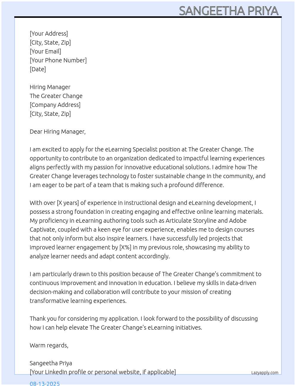 Cover letter for elearning specialist - LazyApply