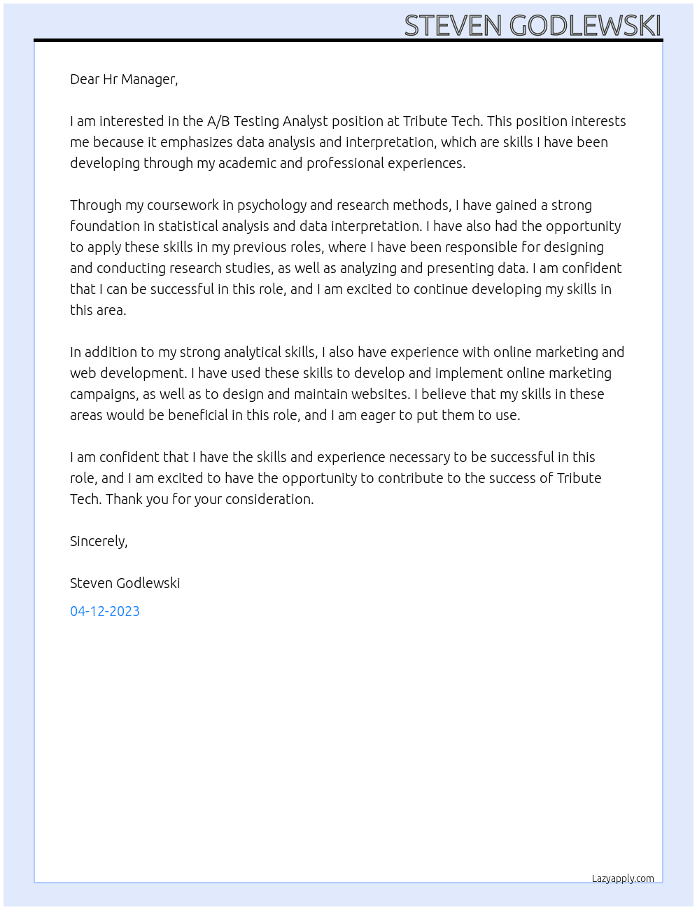 A/B Testing Analyst At Tribute Tech Cover Letter
