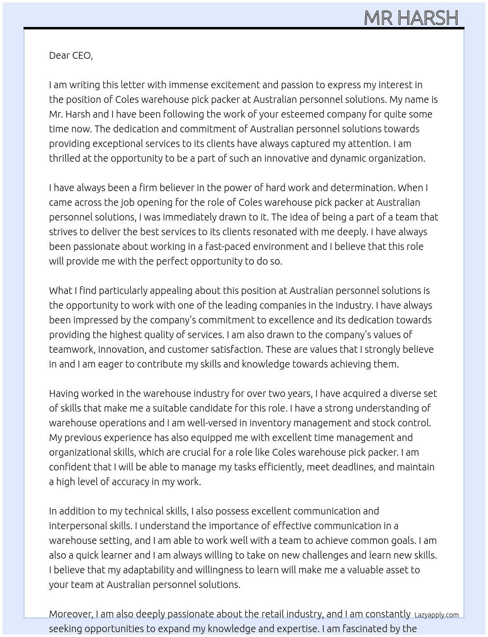 Coles warehouse pick packer  At Australian personnel solutions  Cover Letter
