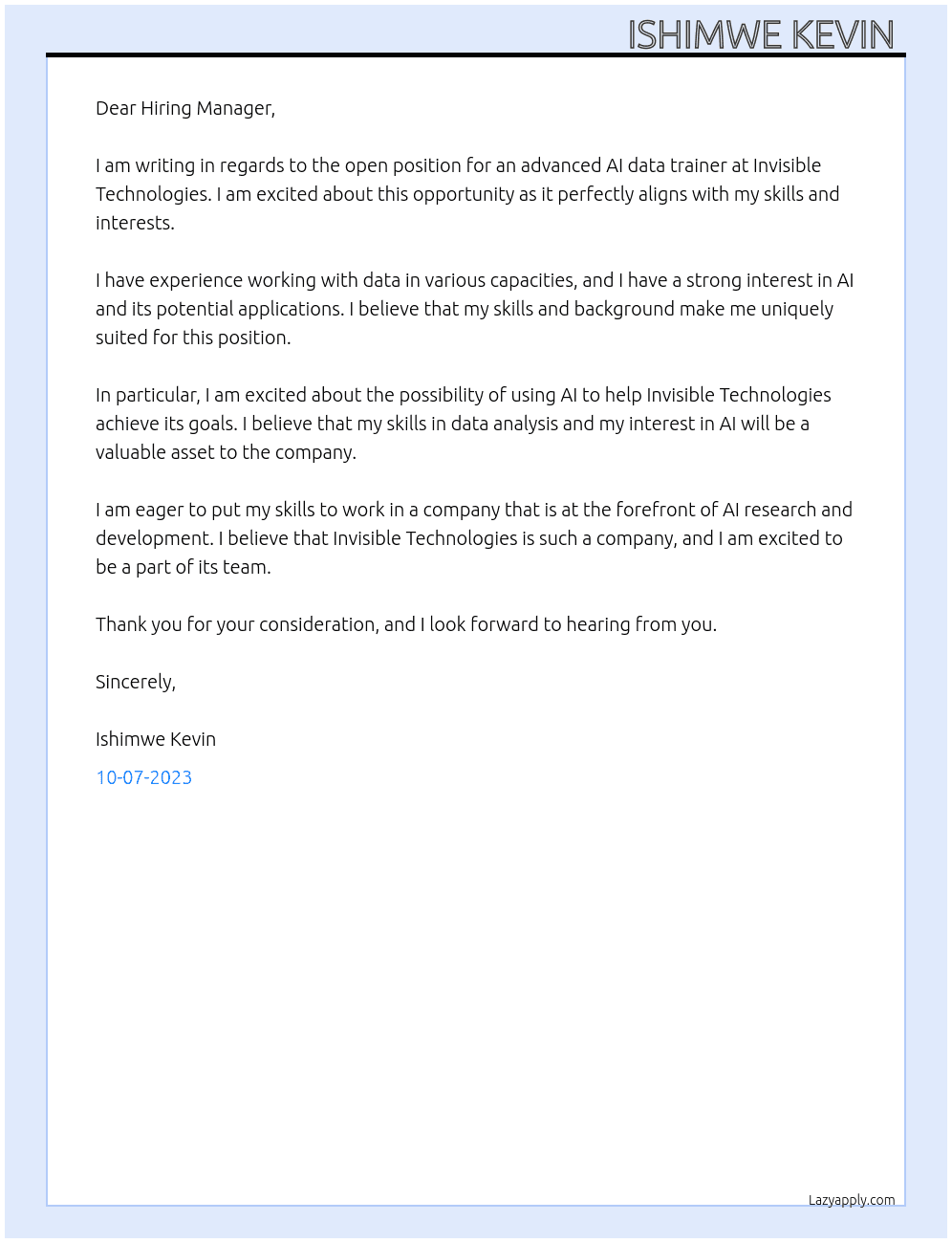 advanced ai data trainer  At invisible technologies  Cover Letter