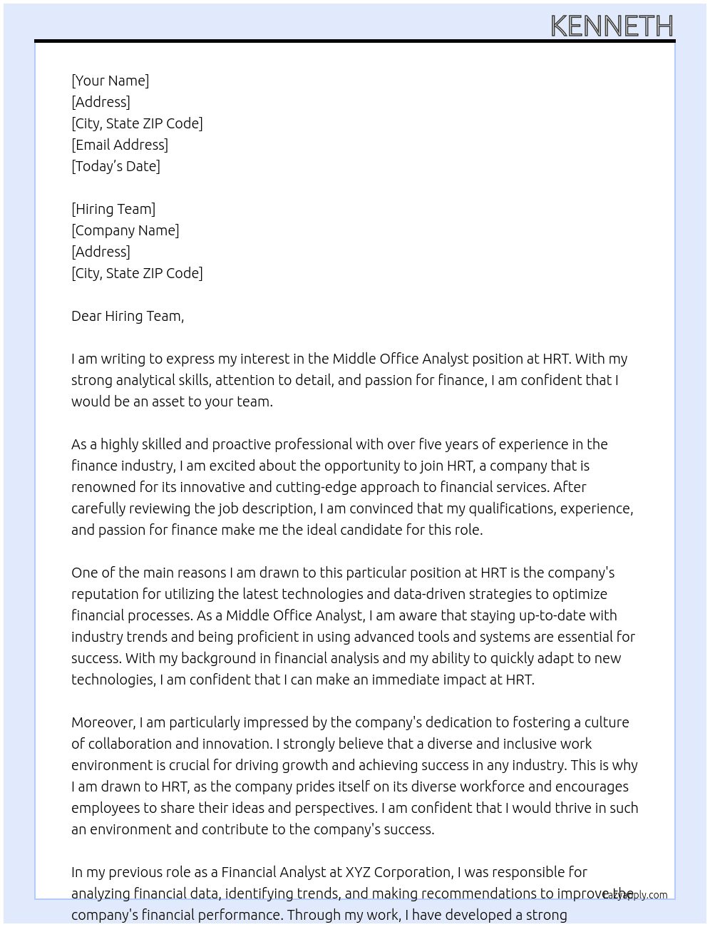 Middle Office Analyst At HRT Cover Letter