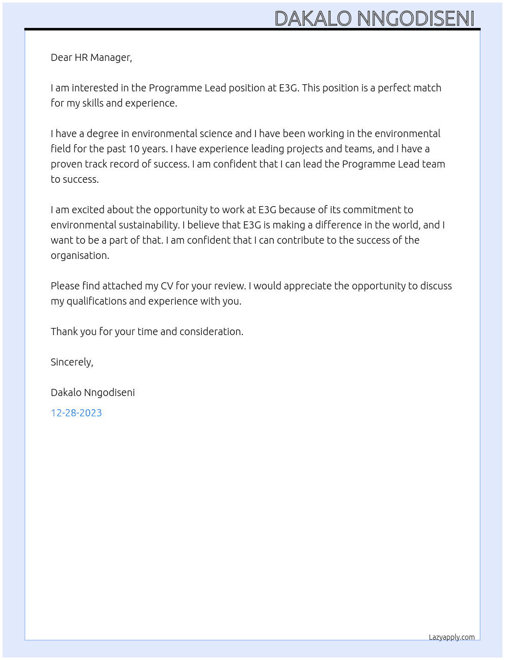 Programme Lead  At E3G Cover Letter