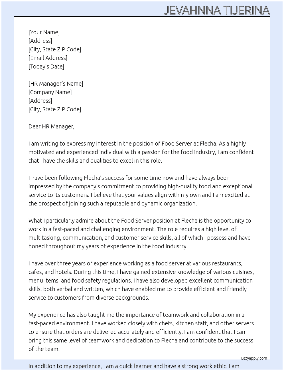 Cover letter for food server - LazyApply
