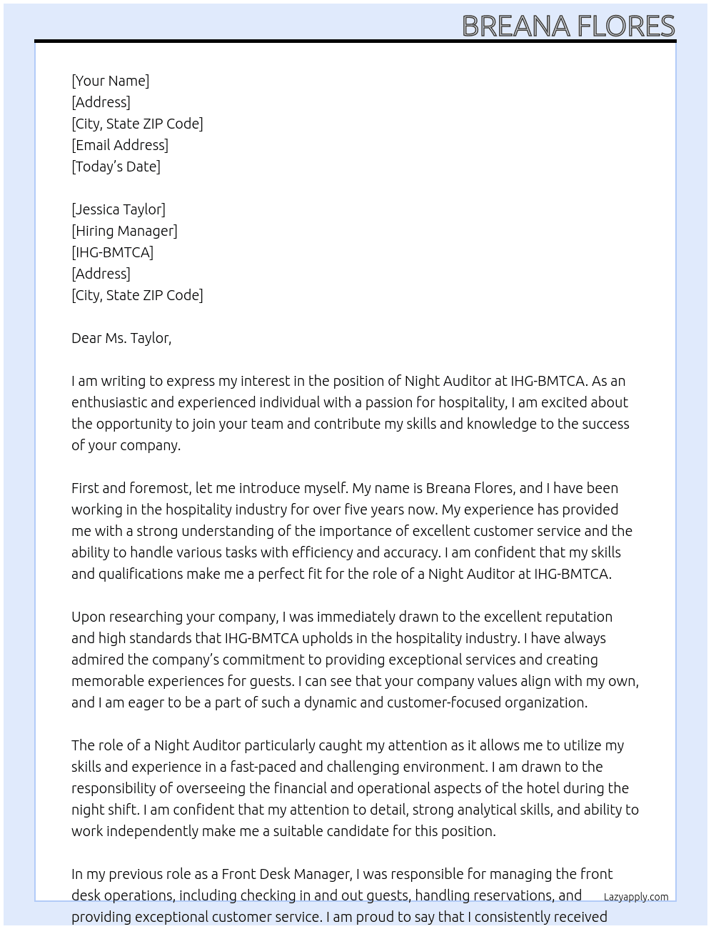 Night Auditor  At IHG-BMTCA Cover Letter