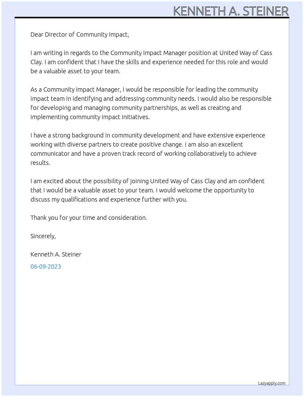 Community Impact Manager At United Way of Cass Clay Cover Letter
