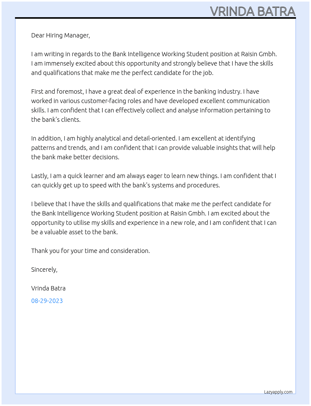 Bank Intelligence Working Student  At Raisin Gmbh Cover Letter