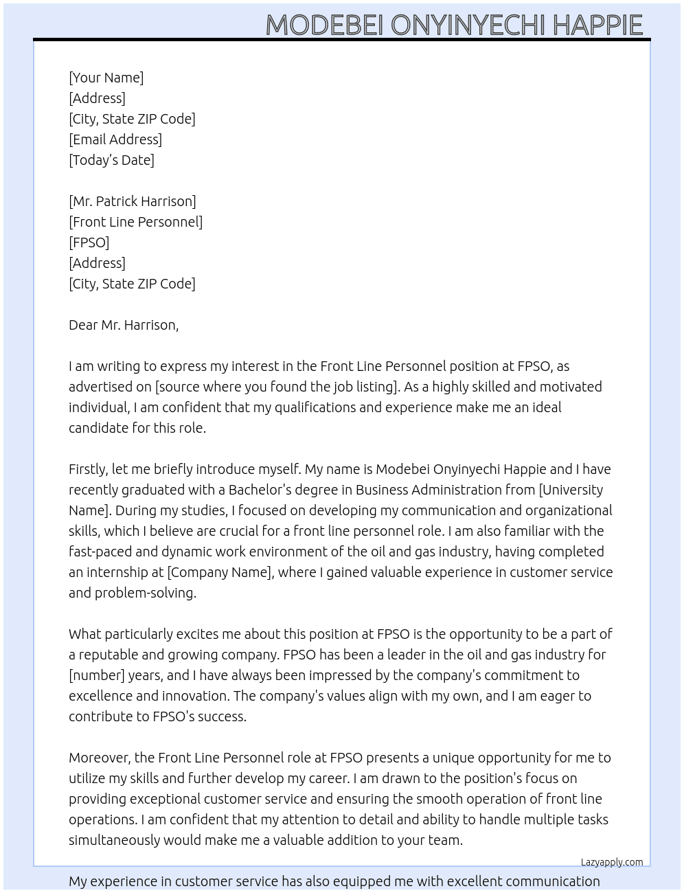 Front line personnel  At FPSO Cover Letter