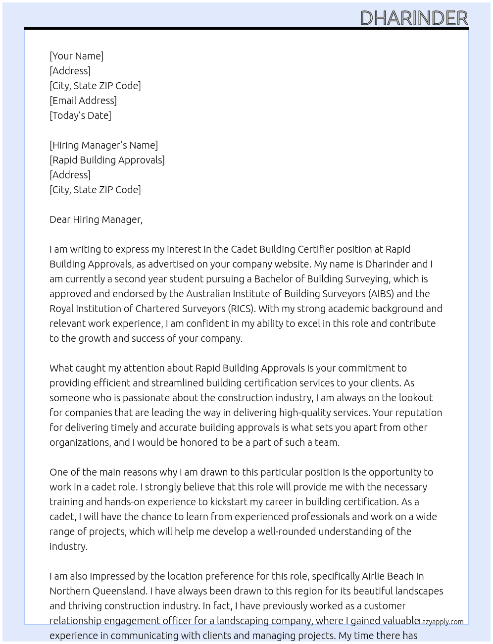 Cadet Building Certifier At Rapid Building Approvals Cover Letter