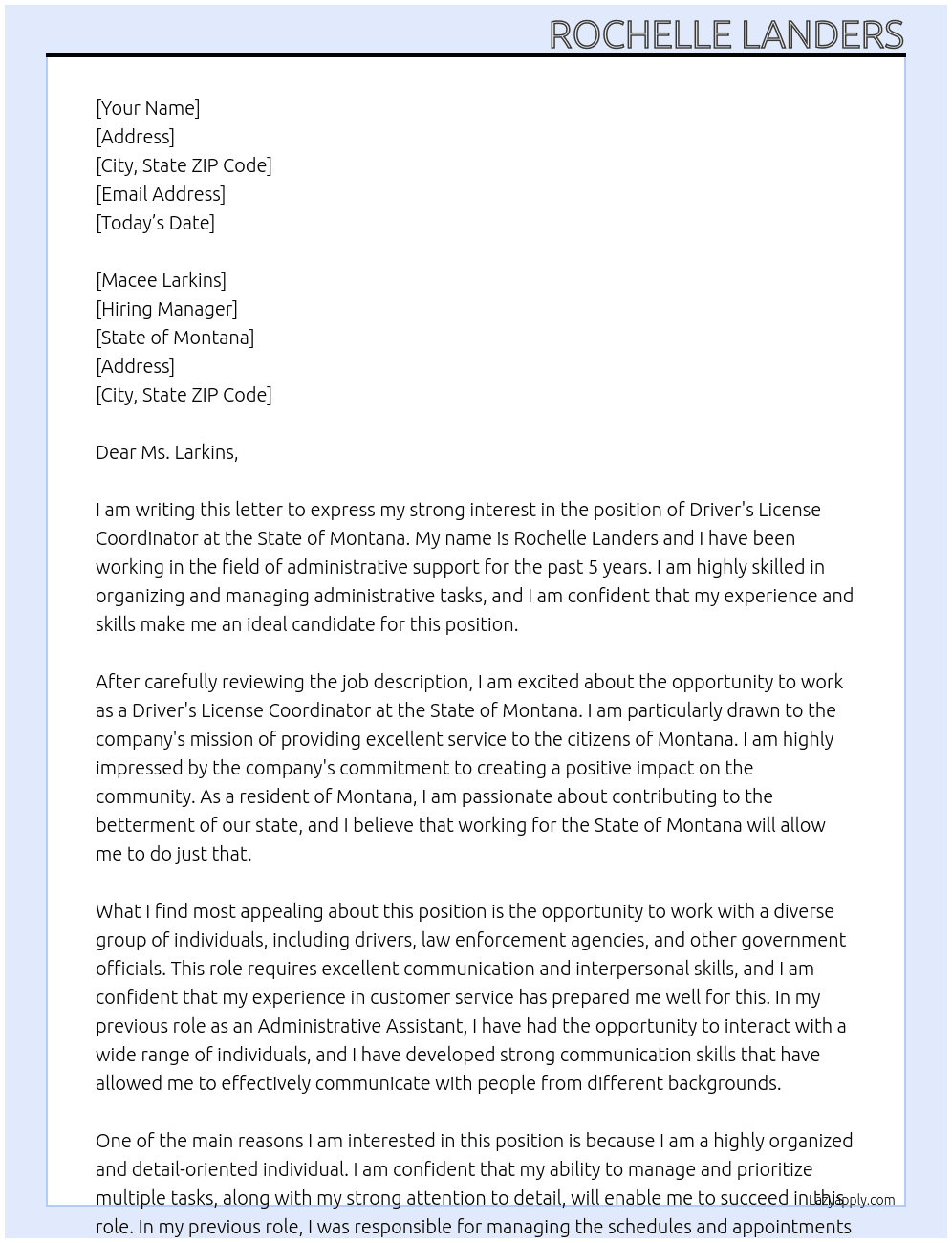 Driver's License Cordinator At State of Montana Cover Letter