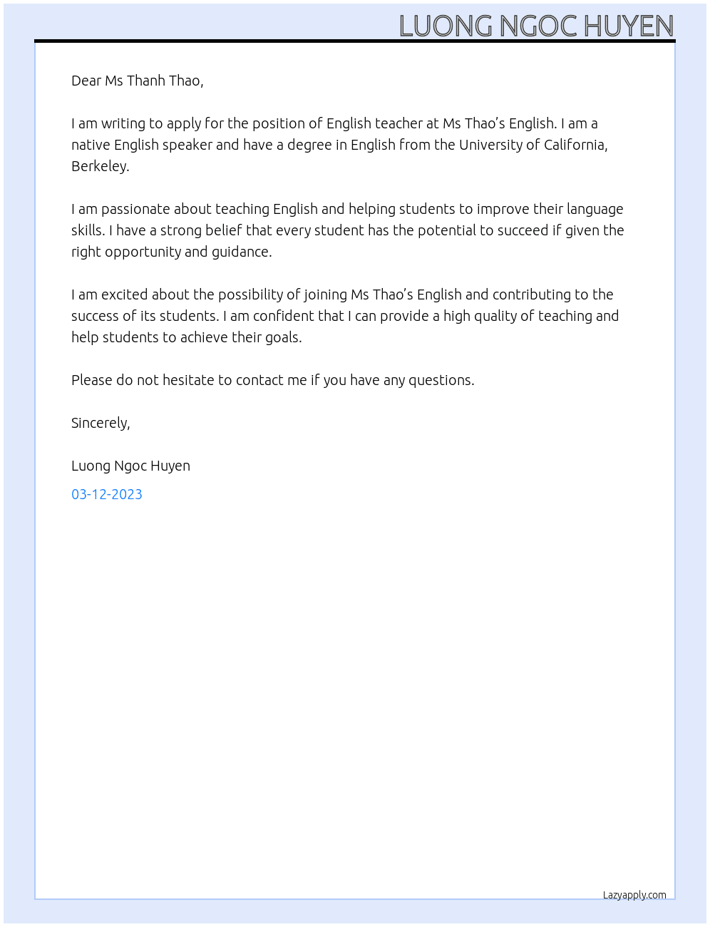 English teacher  At Ms Thảo’s English  Cover Letter