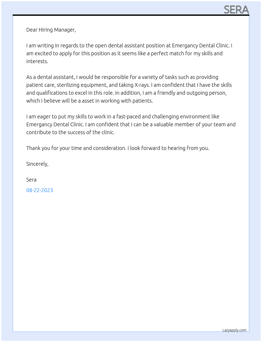 Dental Assistant At Emergancy Dental Clinic Cover Letter