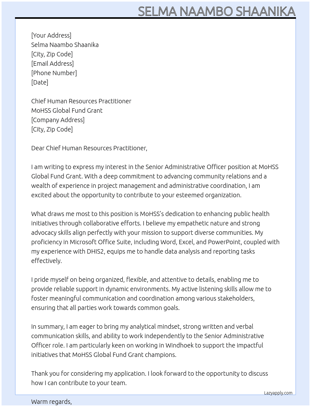 Senior Administrative Officer Grade 10 At MoHSS Global Fund Grant Cover Letter