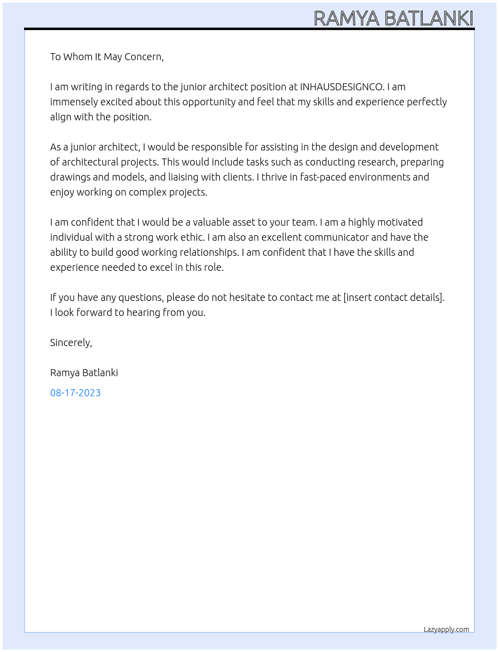 junior architect At INHAUSDESIGNCO Cover Letter