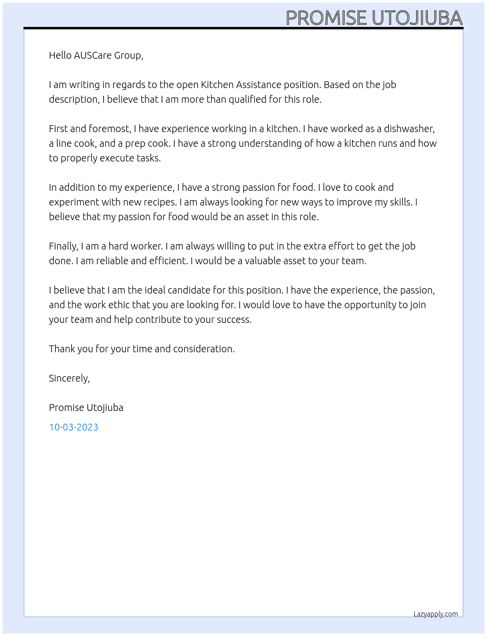 Kitchen Assistance At Kitchen Assistance Cover Letter