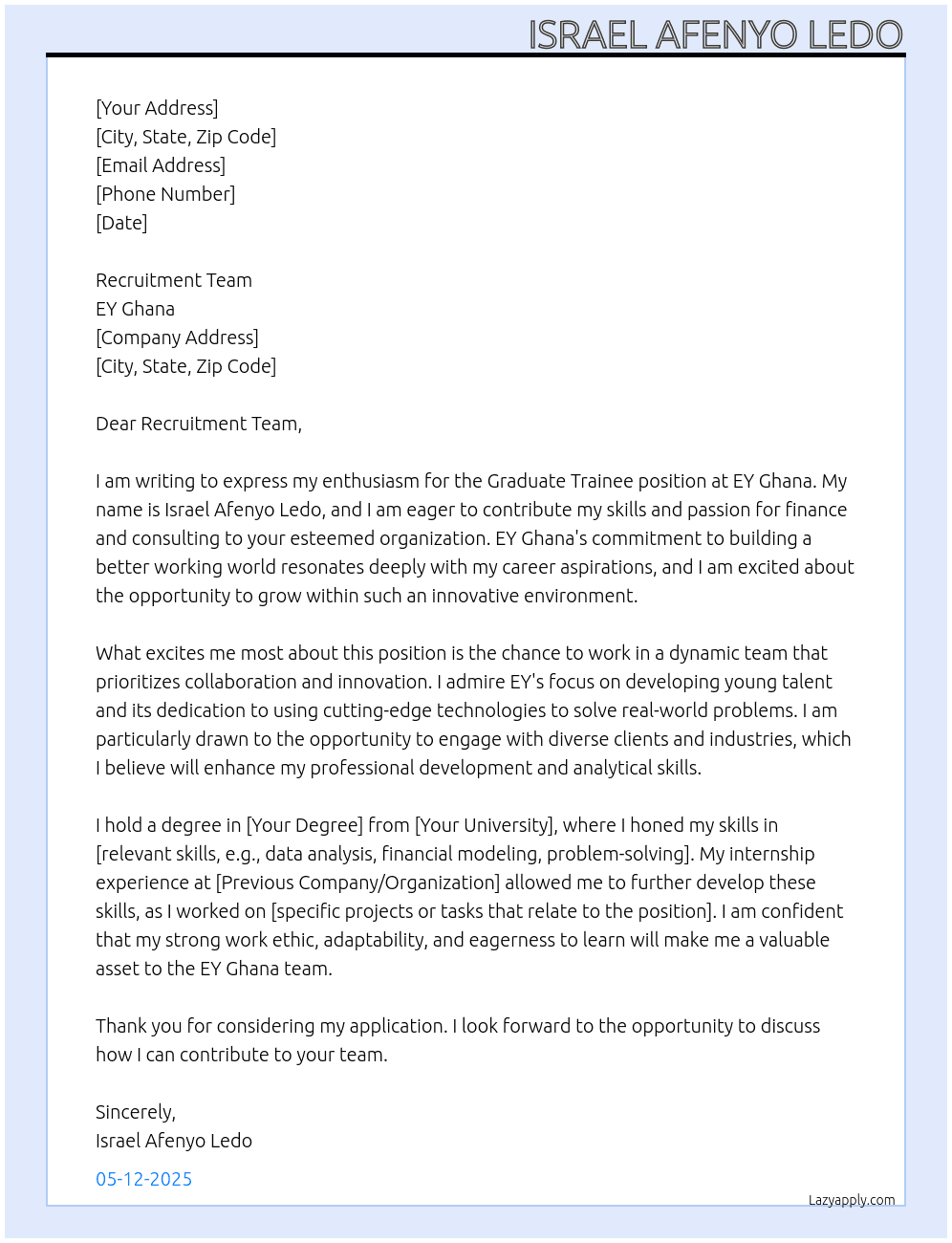 Graduate Trainee At EY Ghana Cover Letter