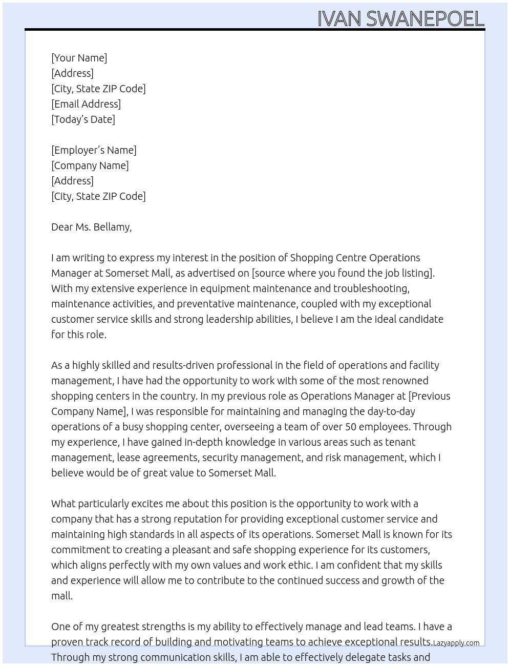 Shopping Centre Operations Manager At Somerset Mall Cover Letter