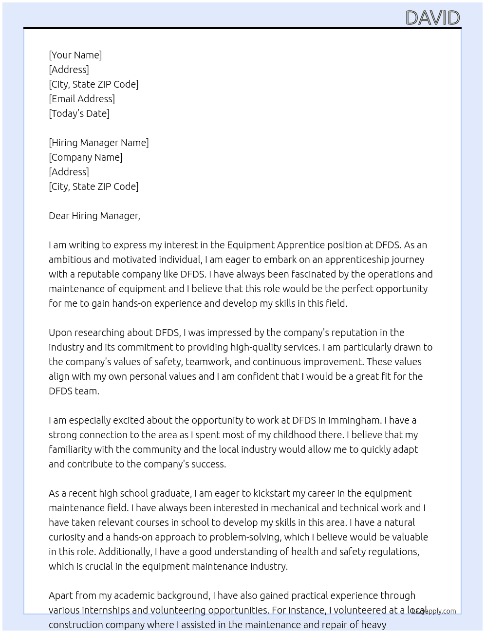 Equipment Apprentice At DFDS Cover Letter