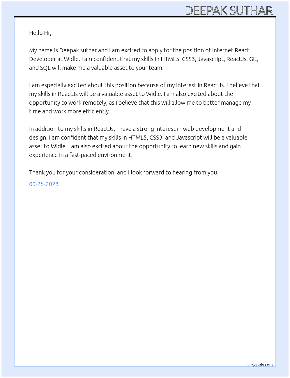 Internet React Developer  At Widle Cover Letter