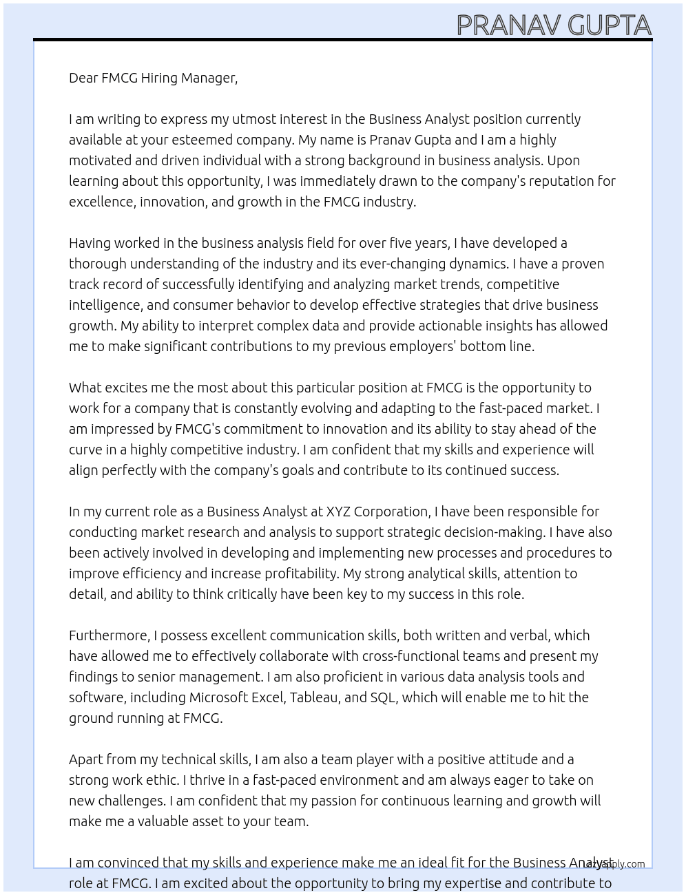 Business Analyst At FMCG Cover Letter