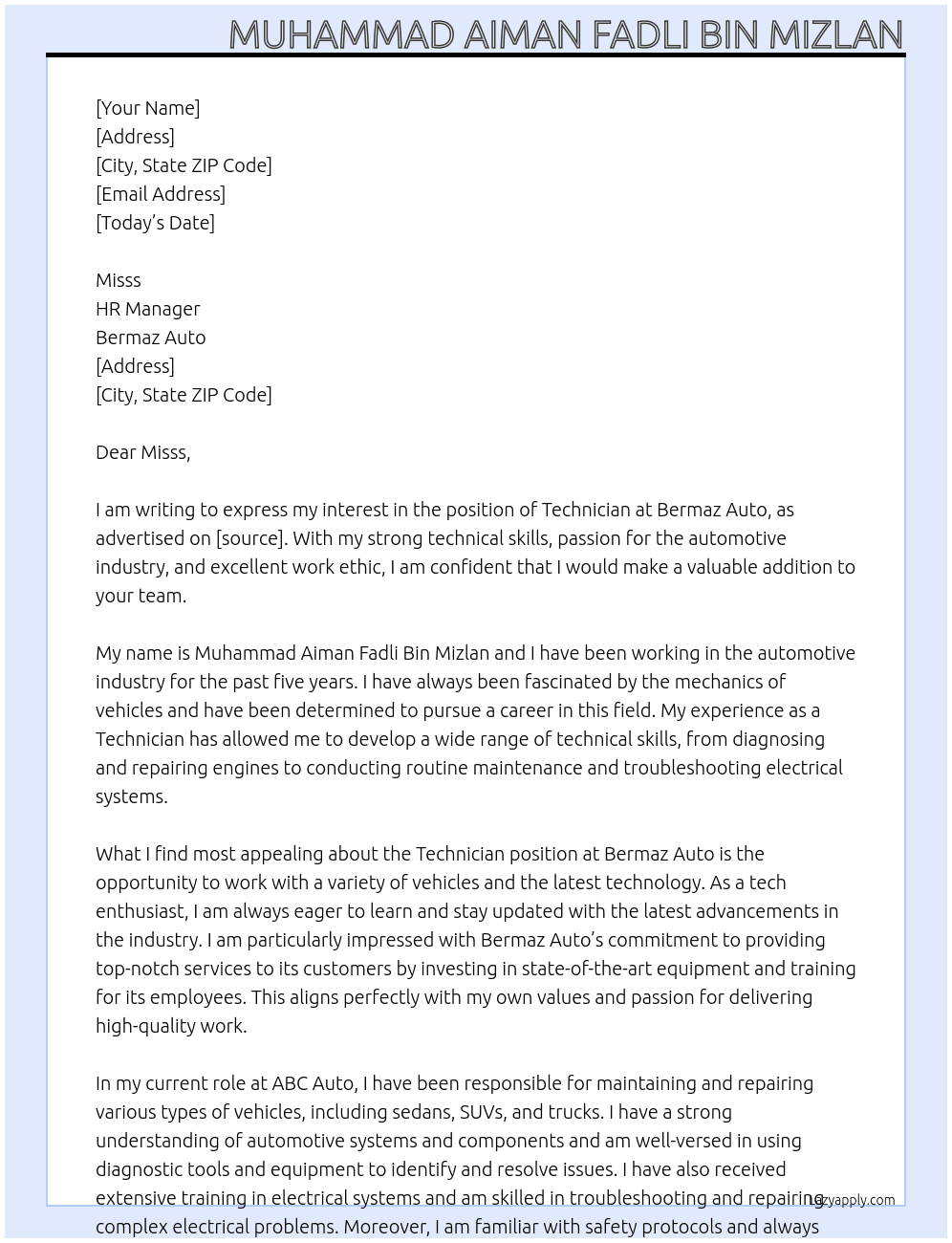 Technician  At BERMAZ AUTO Cover Letter