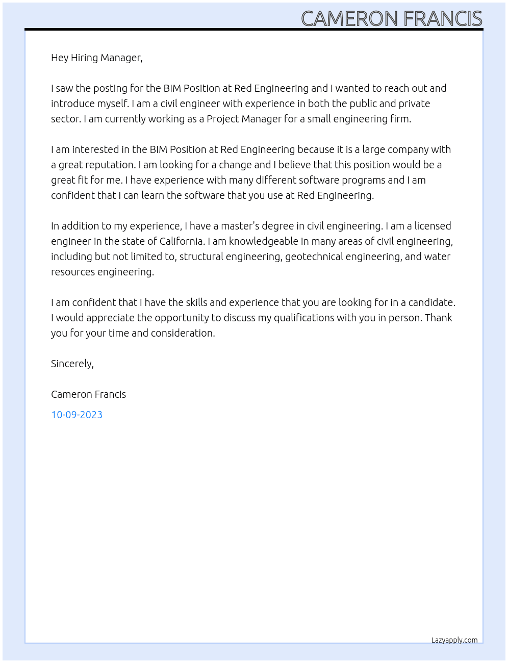 BIM Position At Red Engineering Cover Letter