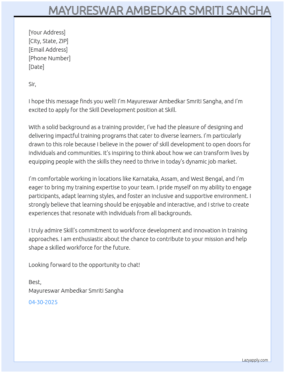 skill Development At Skill Cover Letter