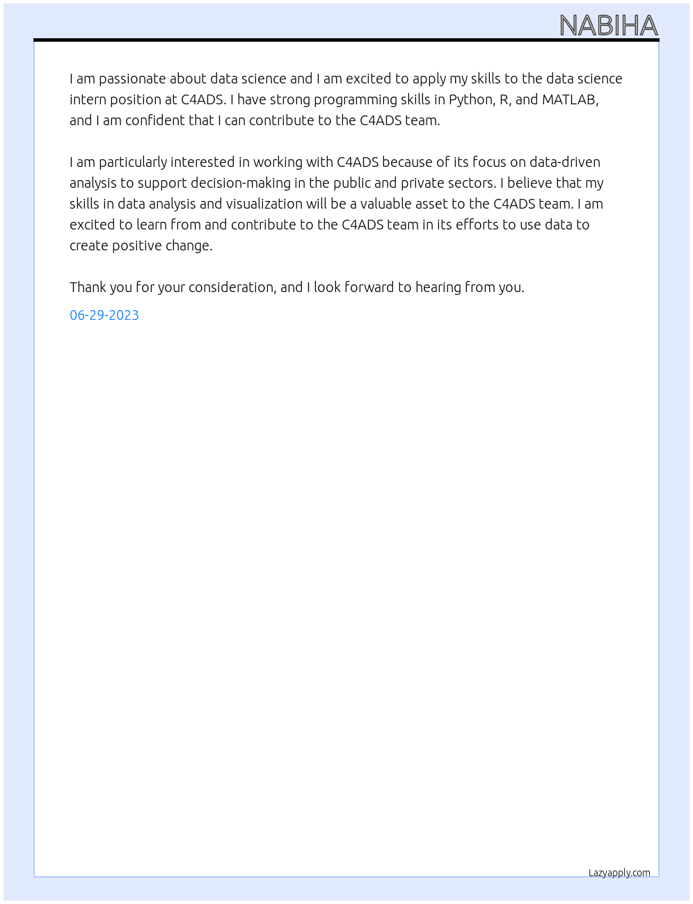 Data Science Intern At C4ADS Cover Letter