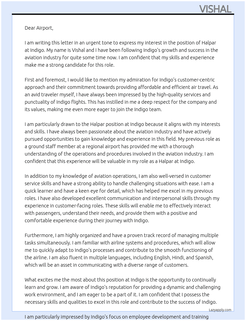 Cover letter for halpar - LazyApply