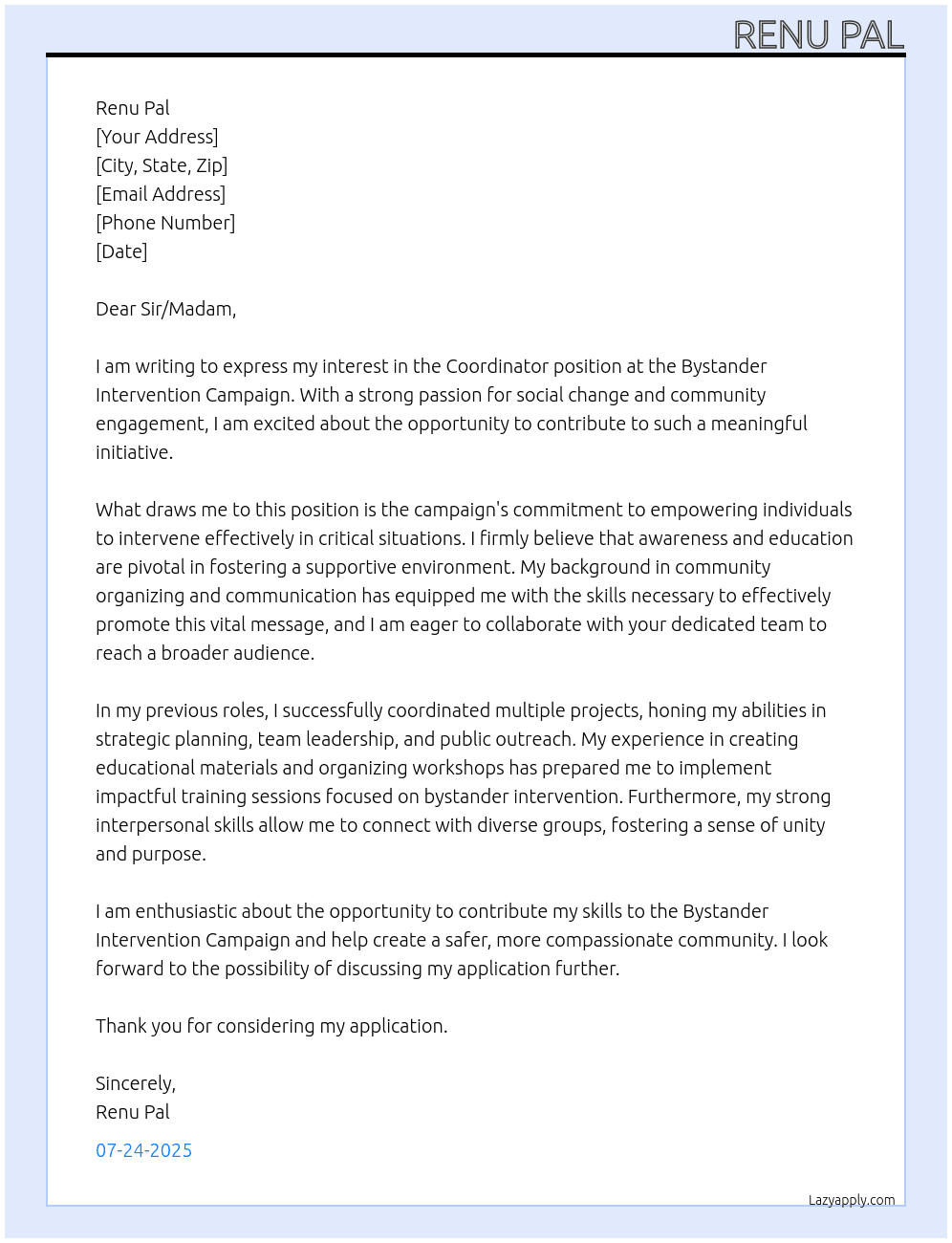 Coordinator  At Bystander intervention campaign  Cover Letter