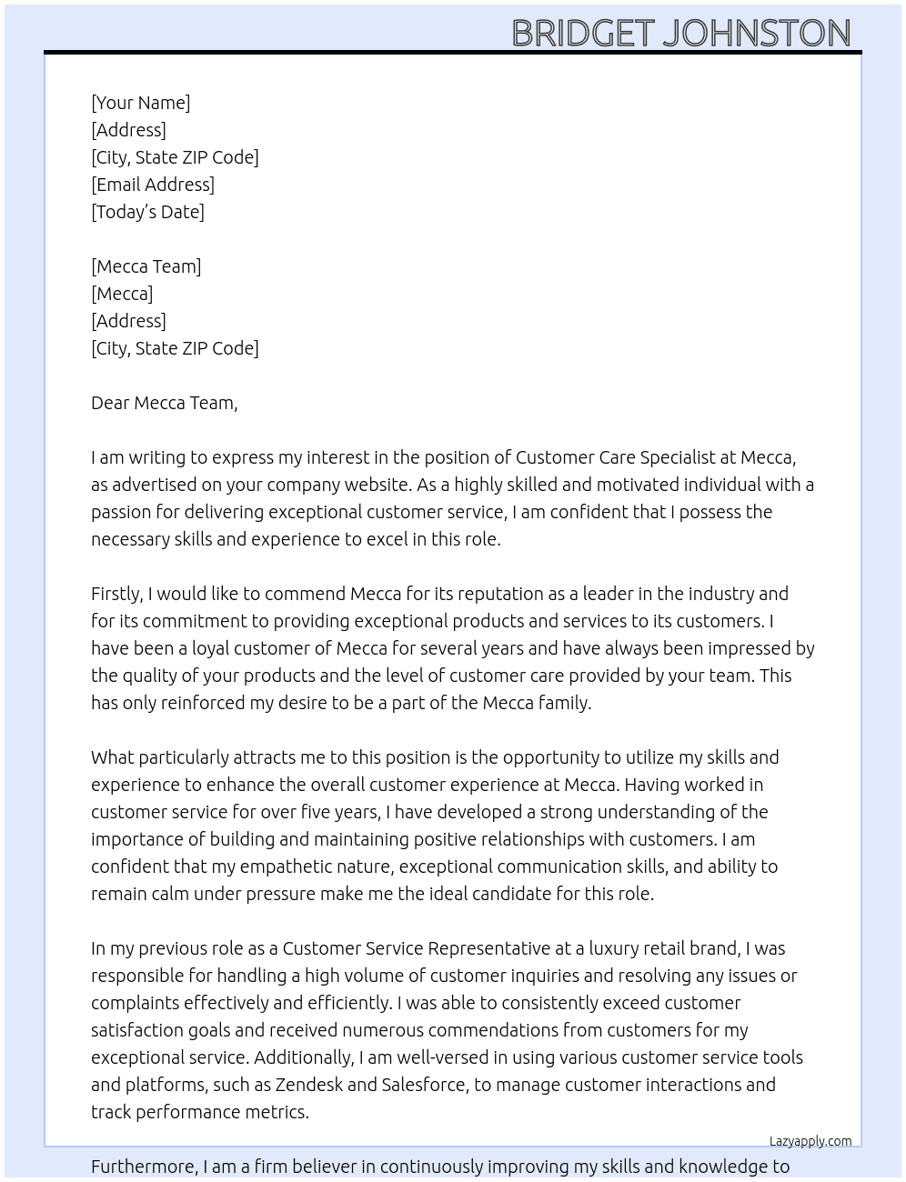 Customer Care Specialist  At Mecca Cover Letter