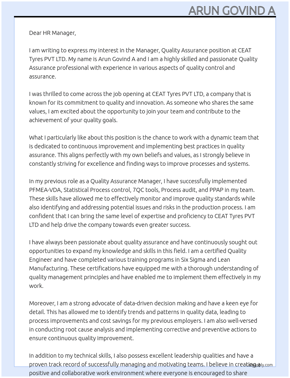 Manager, Quality Assurance At CEAT Tyres PVT LTD. Cover Letter
