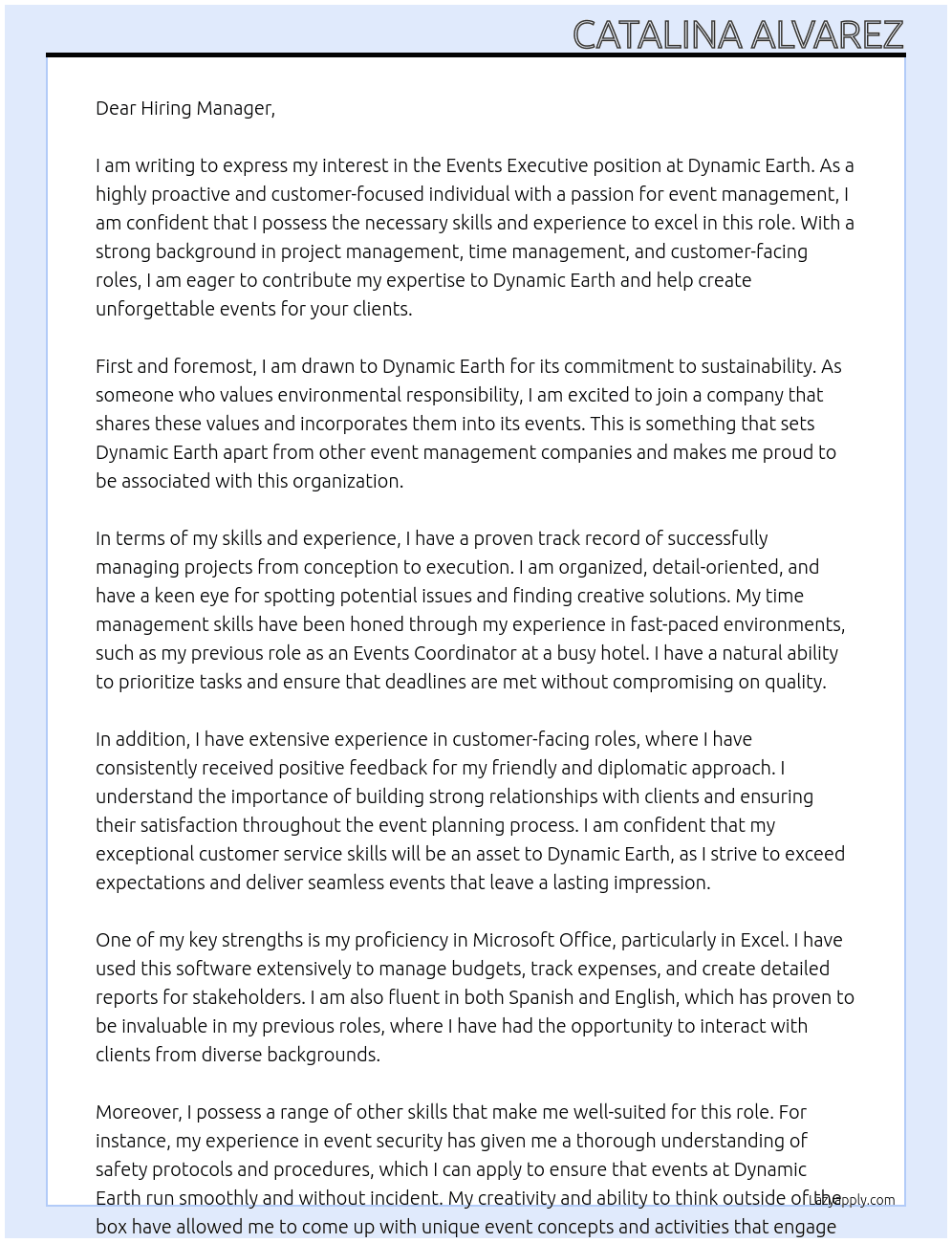 Events Executive At Dynamic Earth Cover Letter