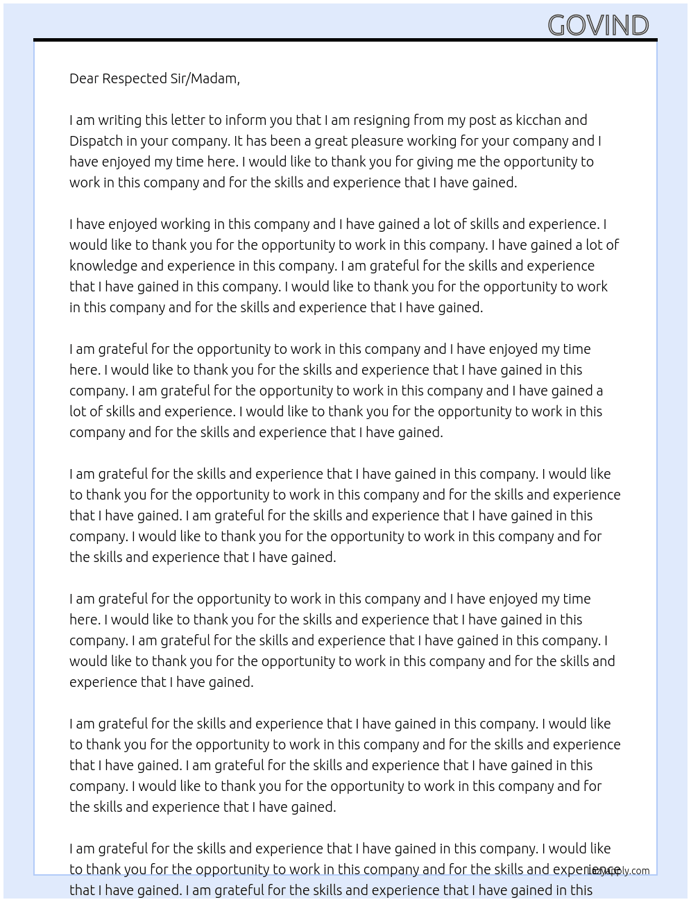 Kicchan and dispatch  At KFC COMPANY  Cover Letter