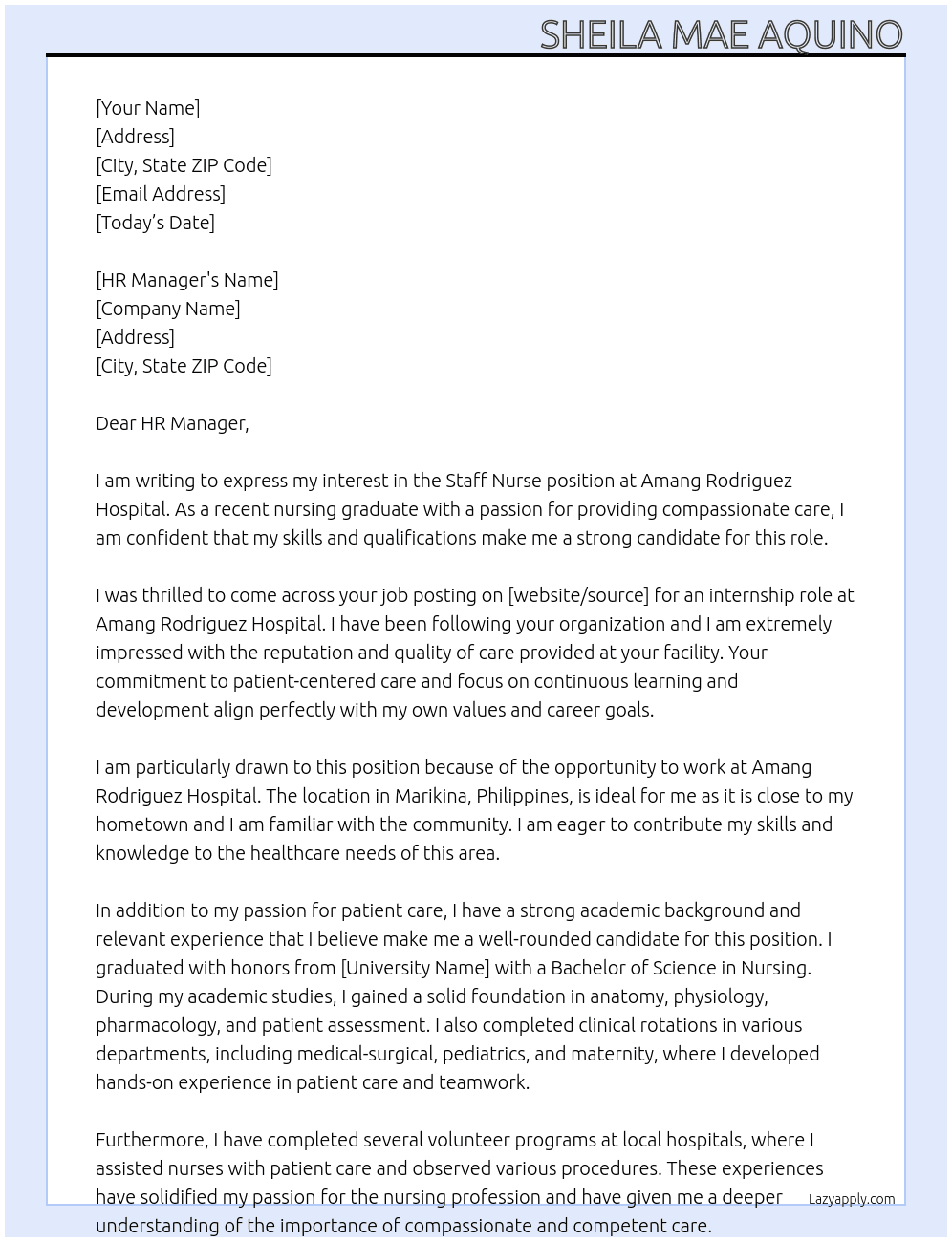 Staff Nurse At Amang Rodriguez Hospital Cover Letter